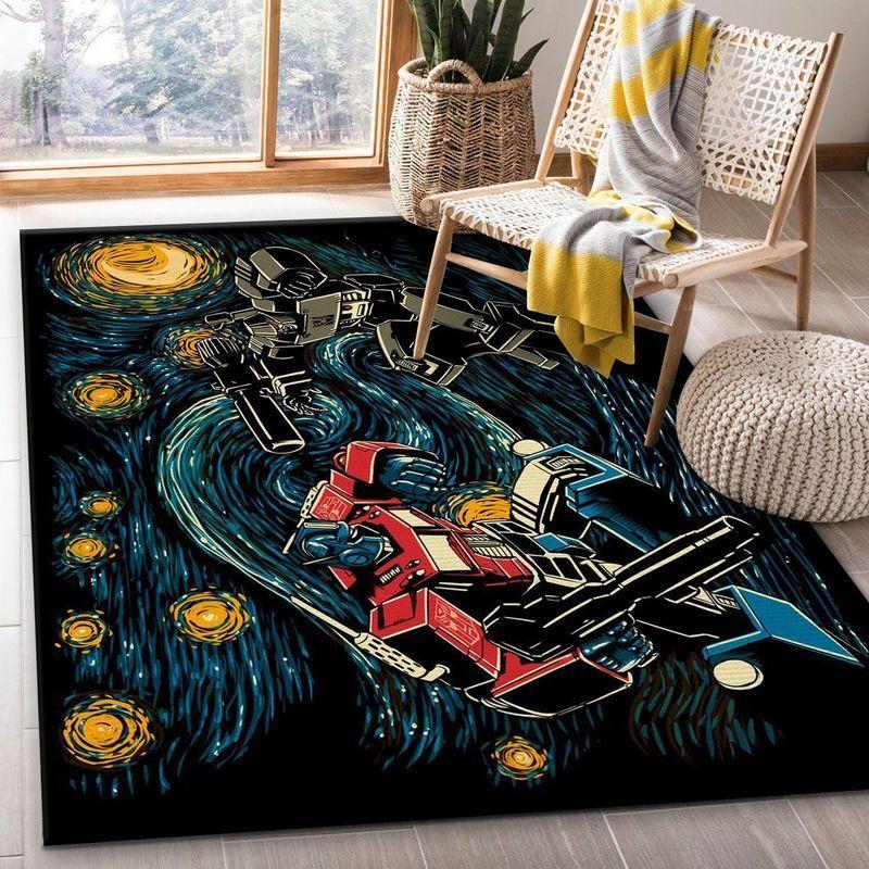 Van Gogh Starry Night Optimus Prime Vs Megatron Transformer Area Rug
