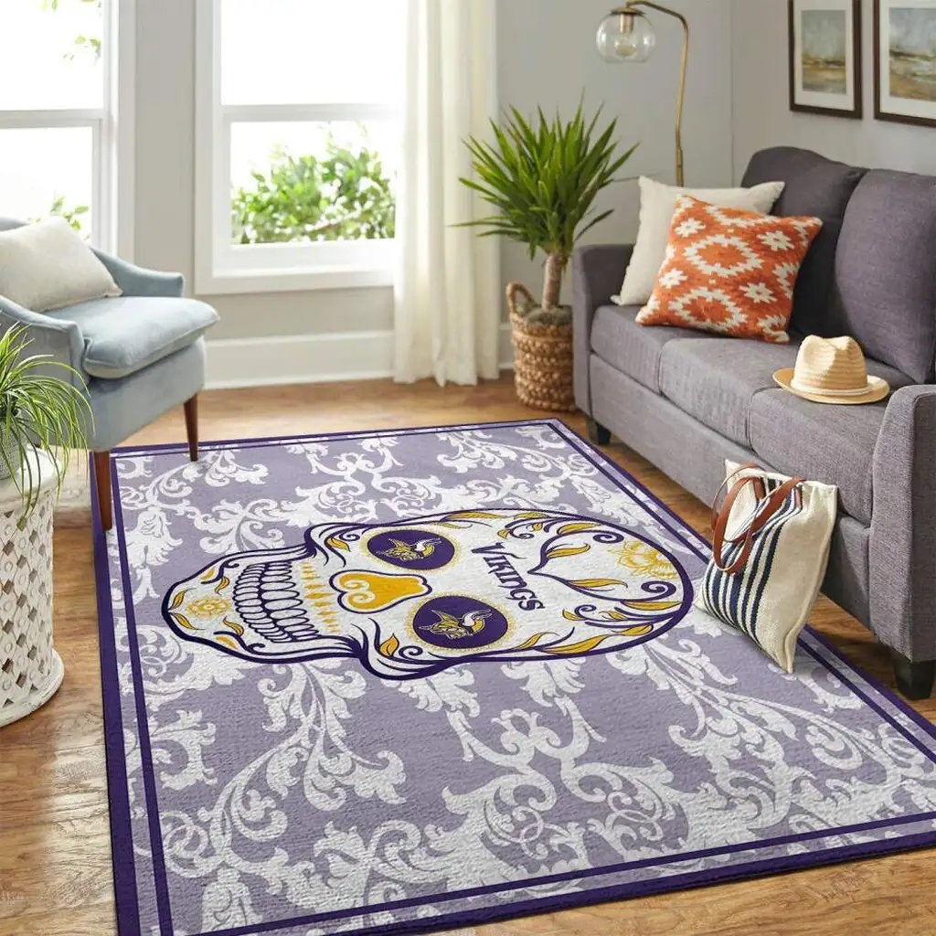 Viking Skull Pattern Area Rug for Living Room Decor Purple and White