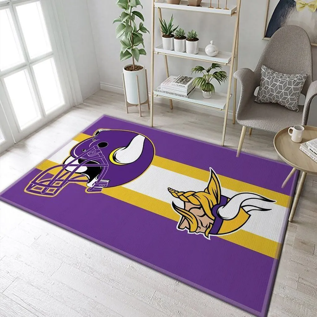 Vikings Football Helmet Area Rug for Living Room Decor Purple and Yellow
