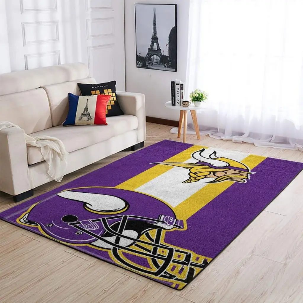 Vikings Football Helmet Area Rug for Living Room Purple and Yellow
