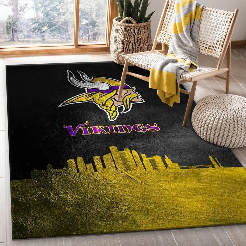 Vikings Rug with City Skyline for Living Room Decor Black and Yellow