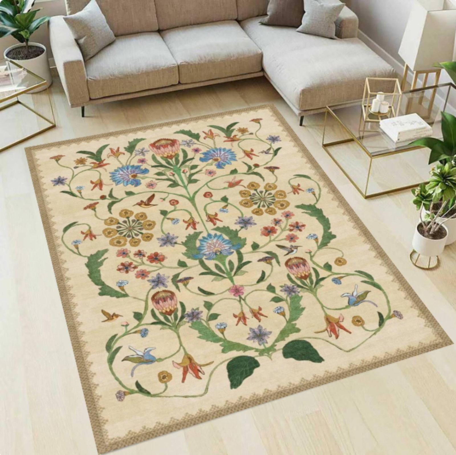 Vintage Botanical Area Rug, Cottagecore Floral Living Room CarpetTVC1708395