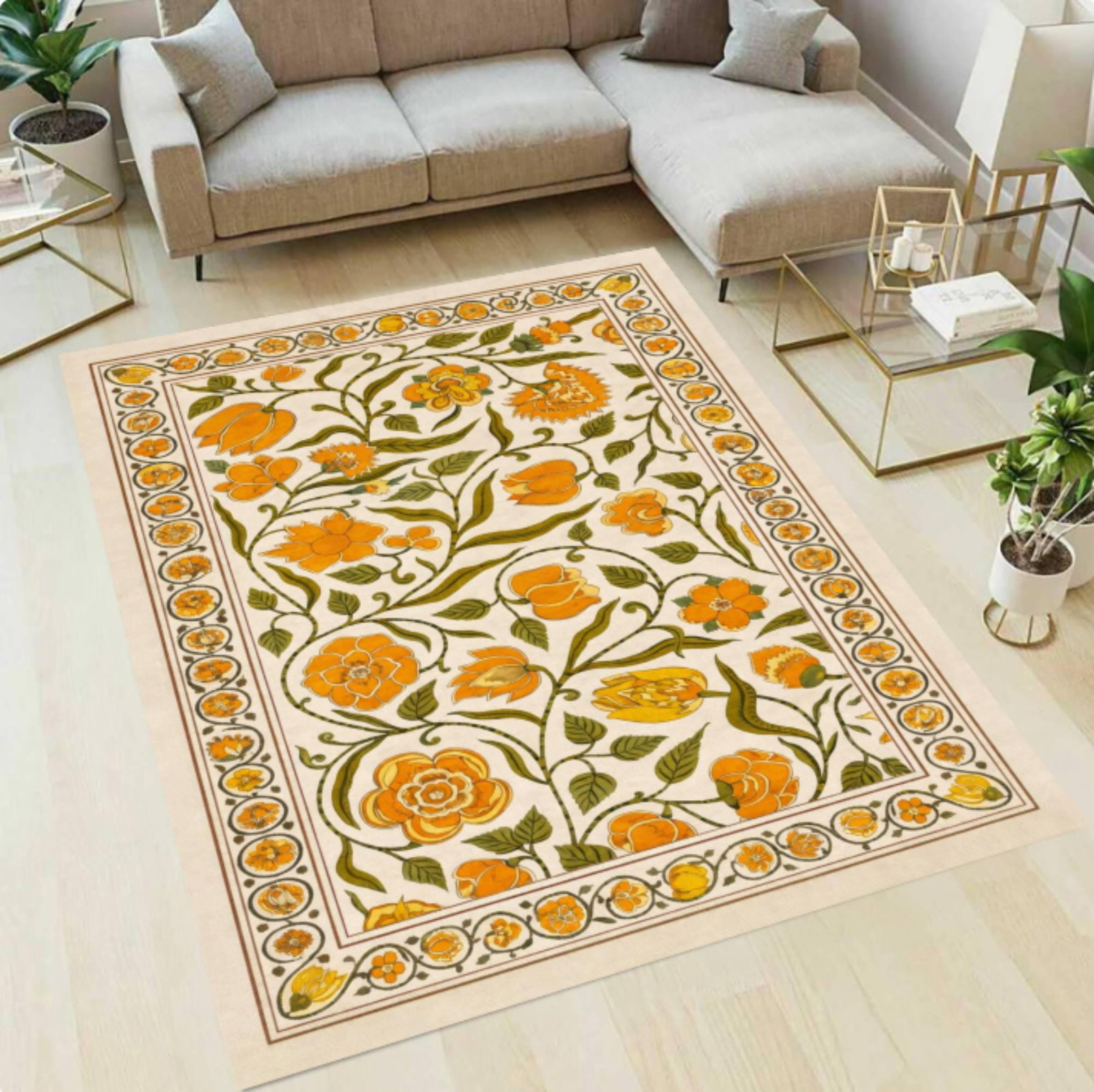 Vintage Floral Area Rug, Cottagecore Botanical Yellow DecorTVC1708395