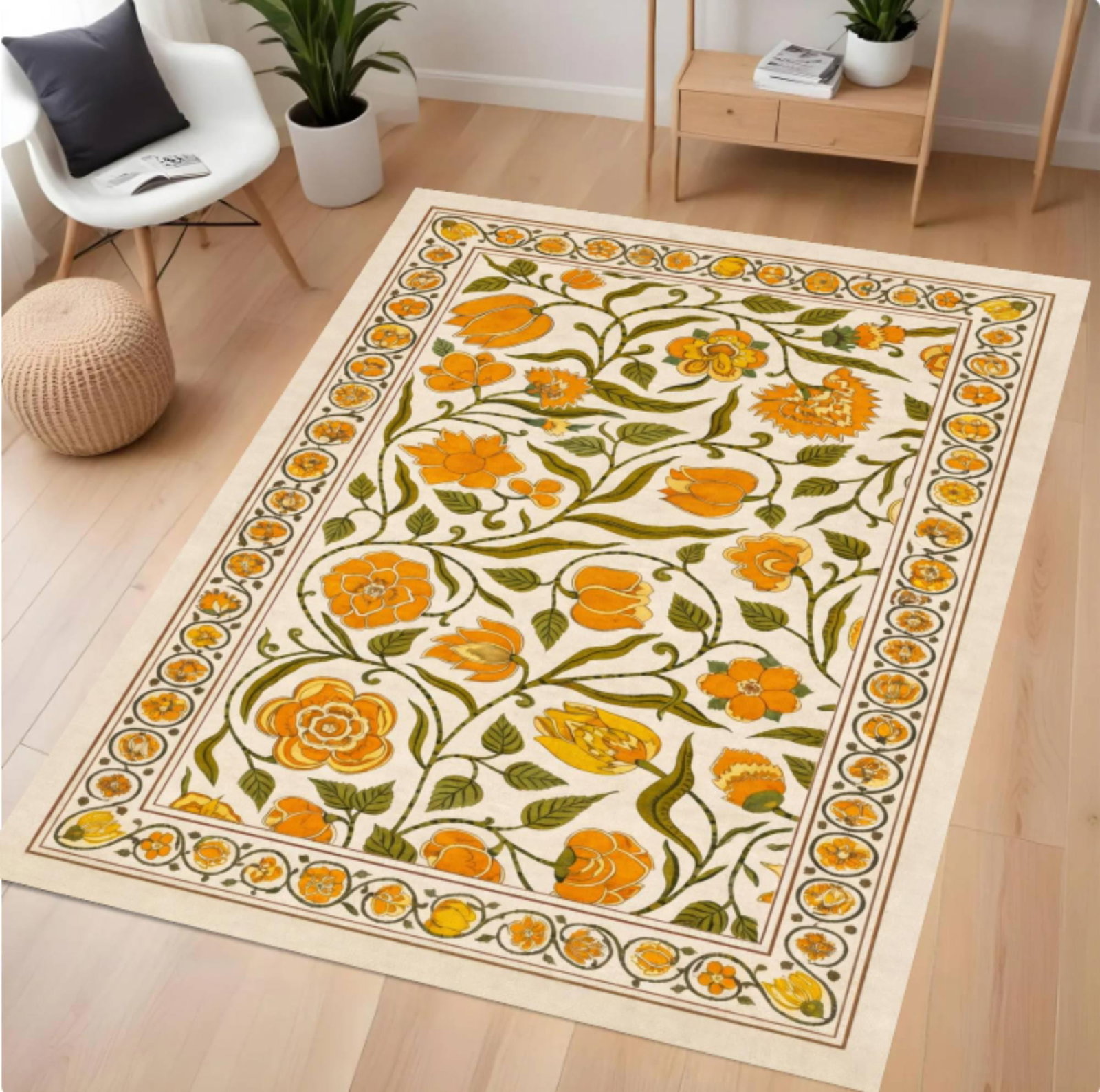 Vintage Floral Rug Cottagecore Botanical Rug Geel Farm Decor WashableTVC1708373