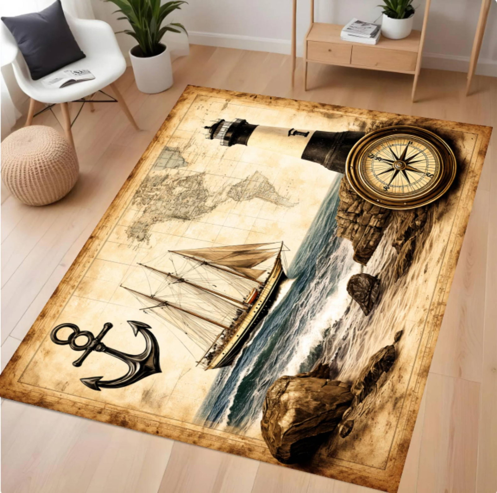 Vintage Nautical Lighthouse Rug - Washable Non-Slip Beach House Ocean Theme RugTVC1708367