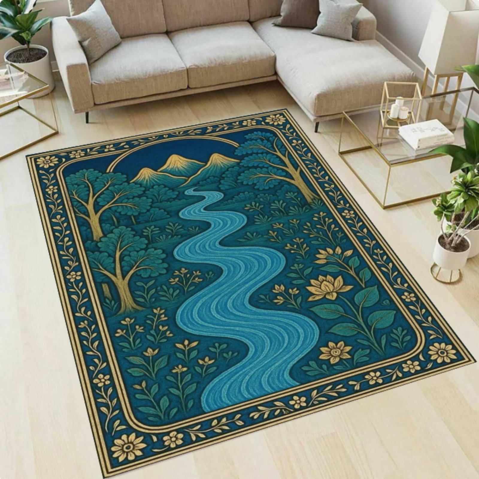 Vintage River Landscape Rug - Cottagecore Botanical DesignTVC1708394