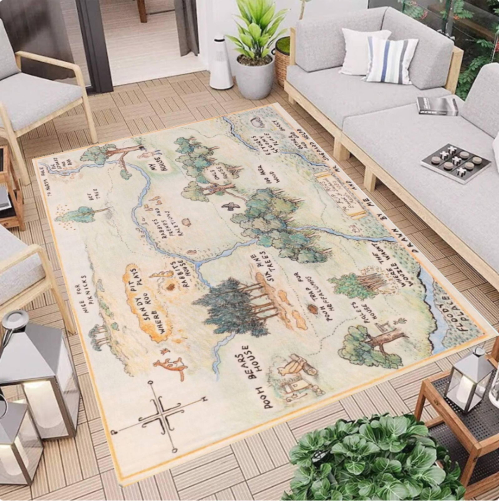 Vintage Storybook Map Rug, Illustrated Landscape Carpet, Nursery Kids Room DecorTVC1708397
