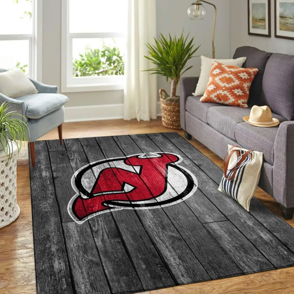 Vintage Style Area Rug with Classic Sports Logo Design Black and Red