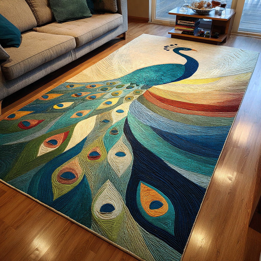 Vivid Peacock Feather Area Rug - Non-Slip Washable 3D Print Rug for Living Room & BedroomTVC210898