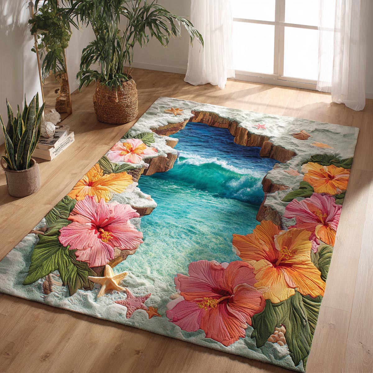 Warm Hibiscus Area Rug - Non-Slip Washable 3D Print Rug for Living Room & BedroomTVC210897