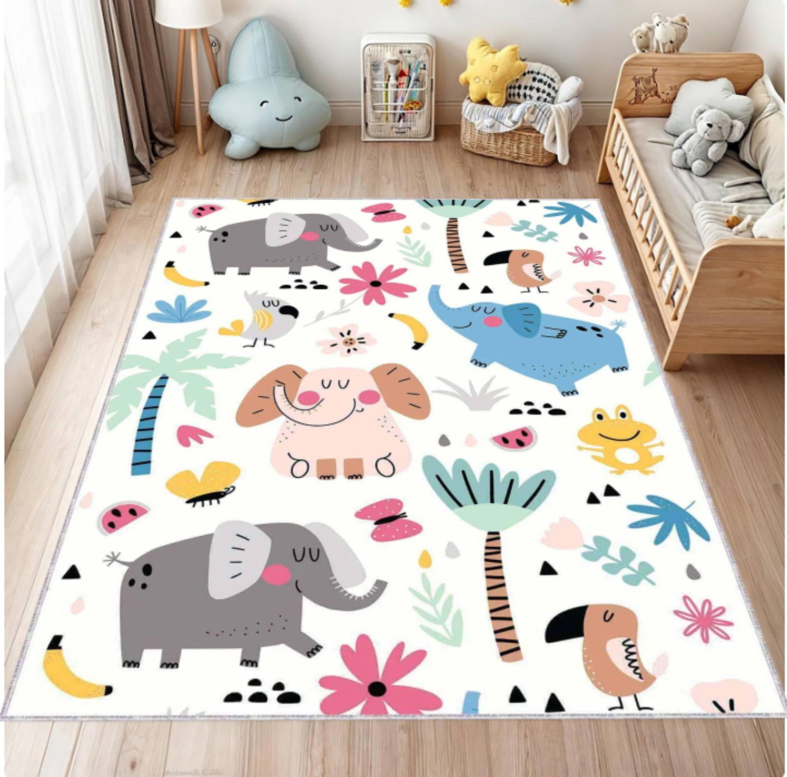 Washable Elephant Safari Kids Rug | Non-Slip Playroom CarpetTVC1708356