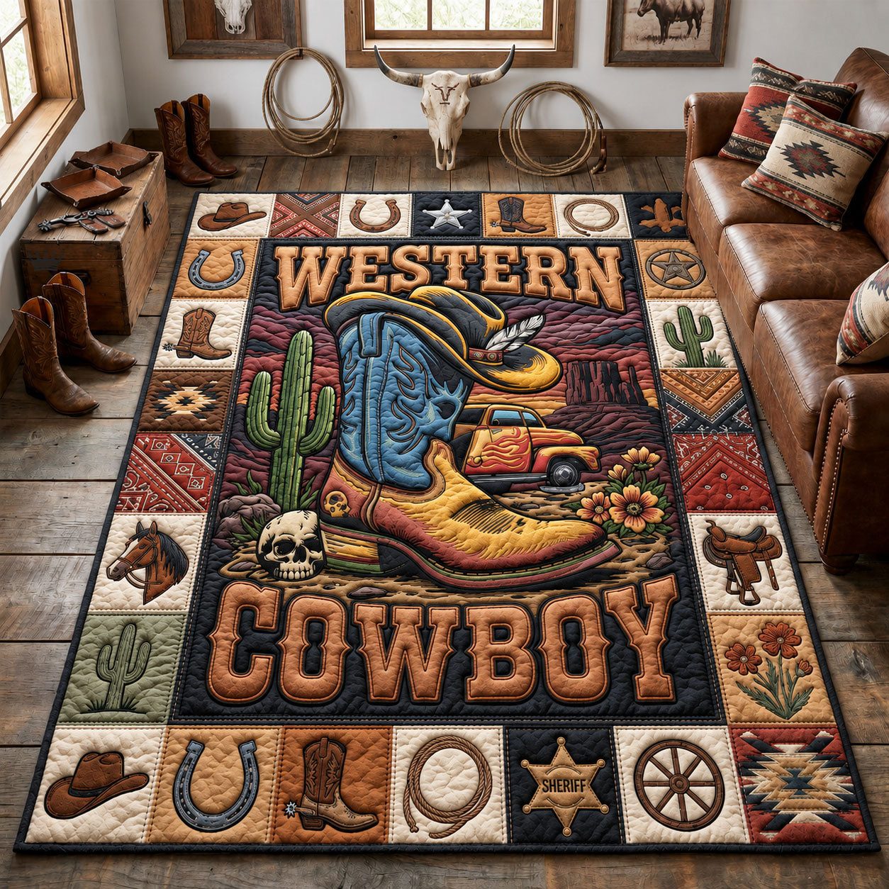 Western Cowboy Area Rug - Non-Slip Washable 3D Print Rug for Living Room & BedroomTVC2108144
