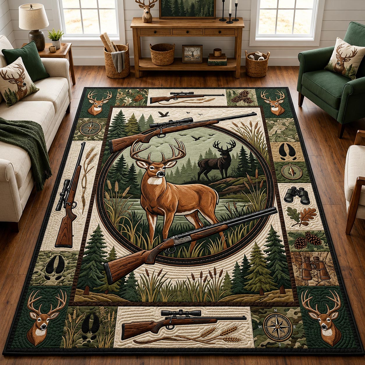 Whitetail Rifle Woodland Area Rug - Non-Slip Washable 3D Print Rug for Living Room & BedroomTVC210864