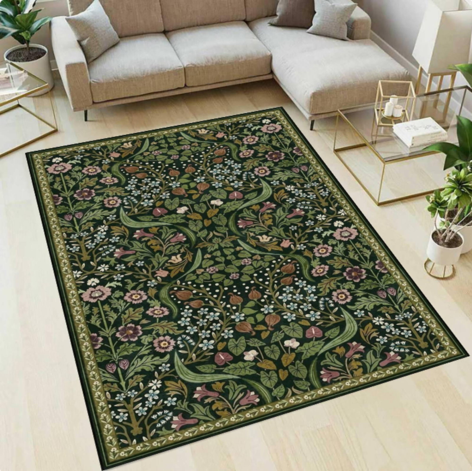William Morris Style Rug, Gothic Floral Carpet, Dark GreenTVC1708393