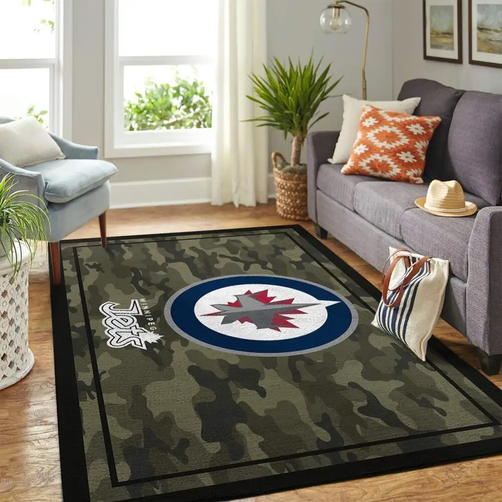 Winnipeg Jets Rug - Camo Area with Official Logo Design Black and Green