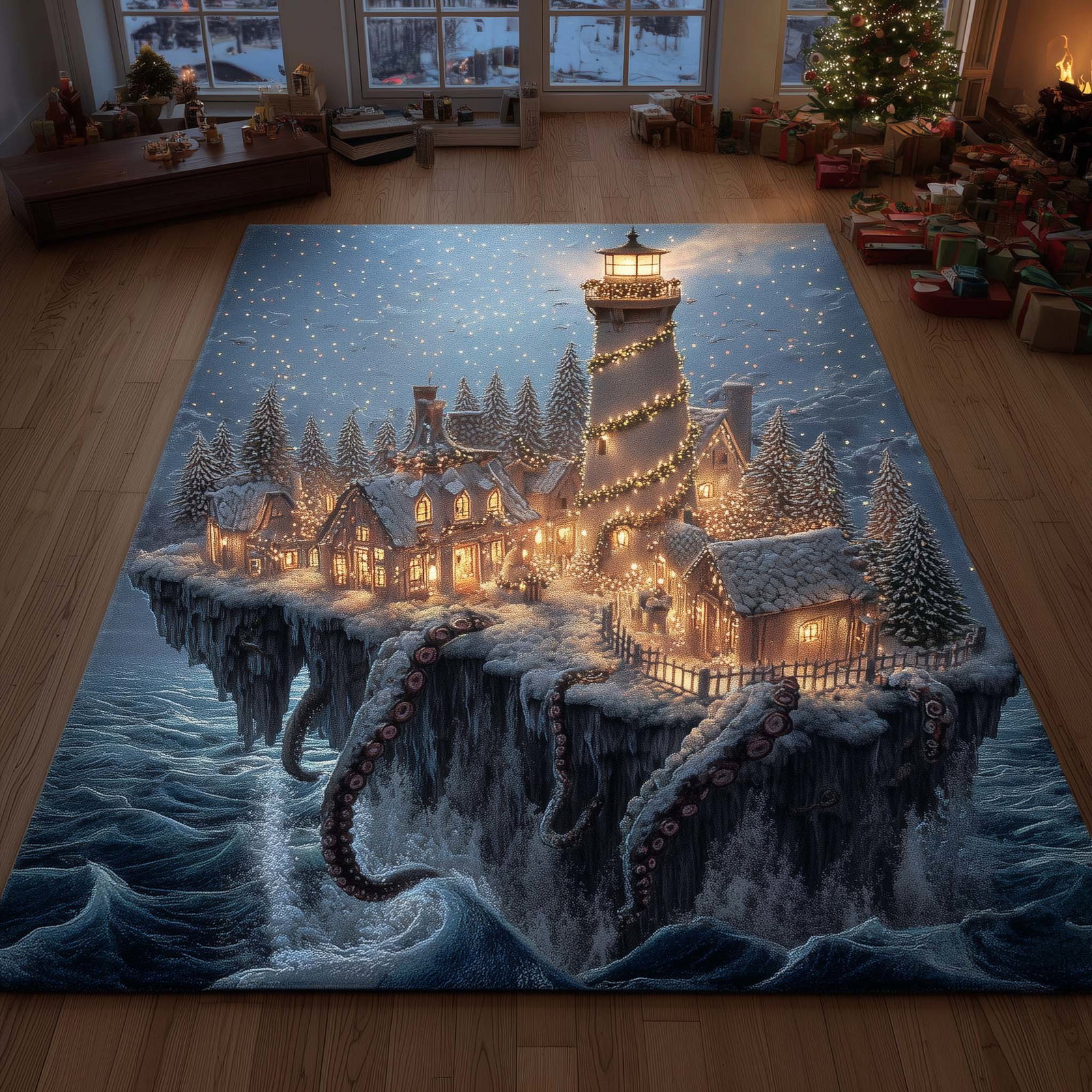Winter Lighthouse Area Rug - Non-Slip Washable 3D Print Rug for Living Room & Bedroom (DesignTVC2108183