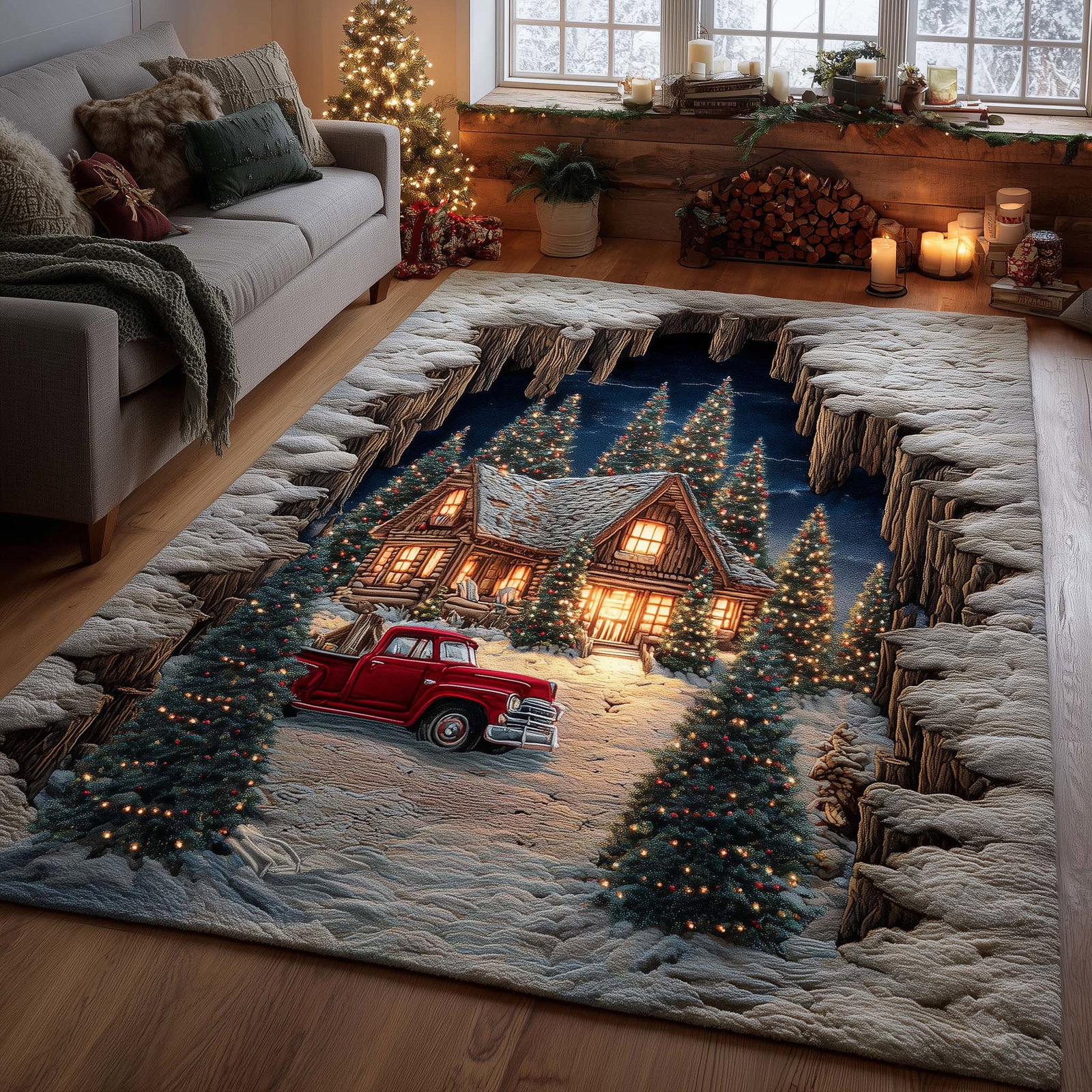 Winter Lodge Area Rug - Non-Slip Washable 3D Print Rug for Living Room & Bedroom (DesignTVC2108182