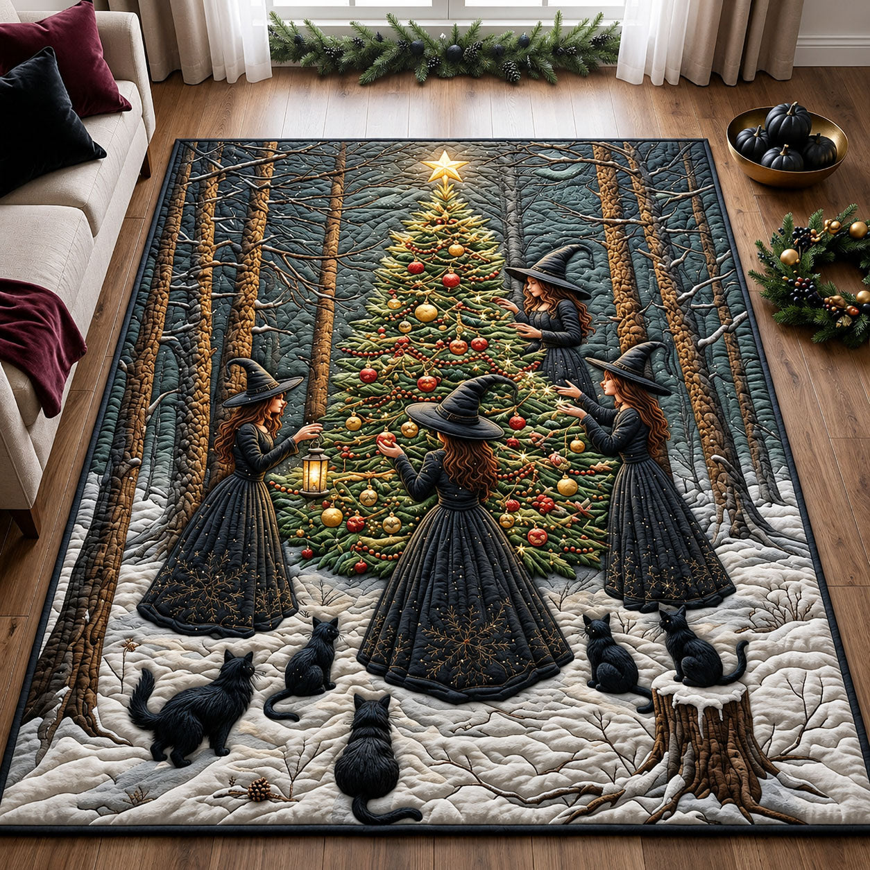 Witches Christmas Tree Woods Area Rug - Non-Slip Washable 3D Print Rug for Living Room & BedroomTVC210857