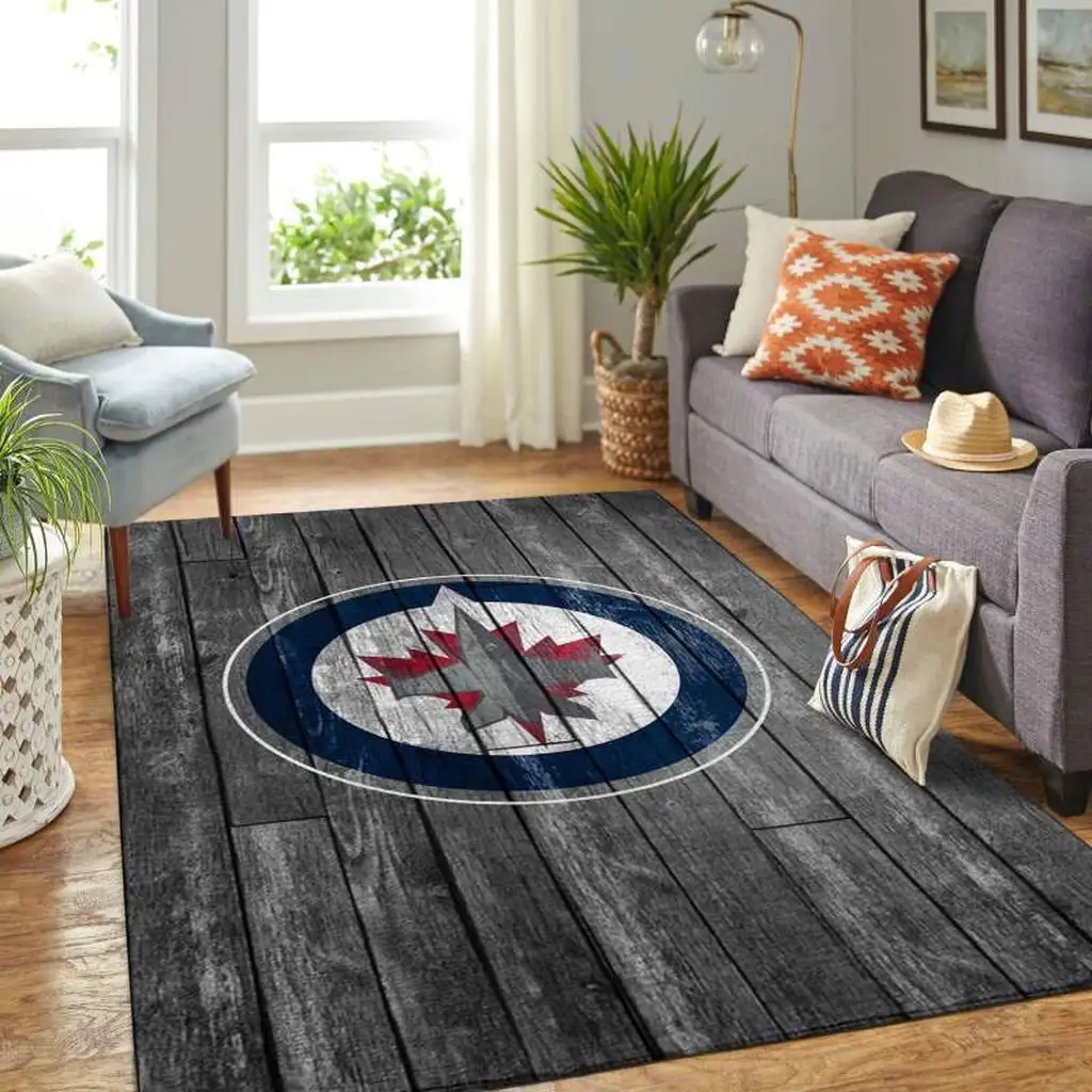 Wooden Floor Design Rug with Maple Leaf Logo Floor Mat Black and Blue