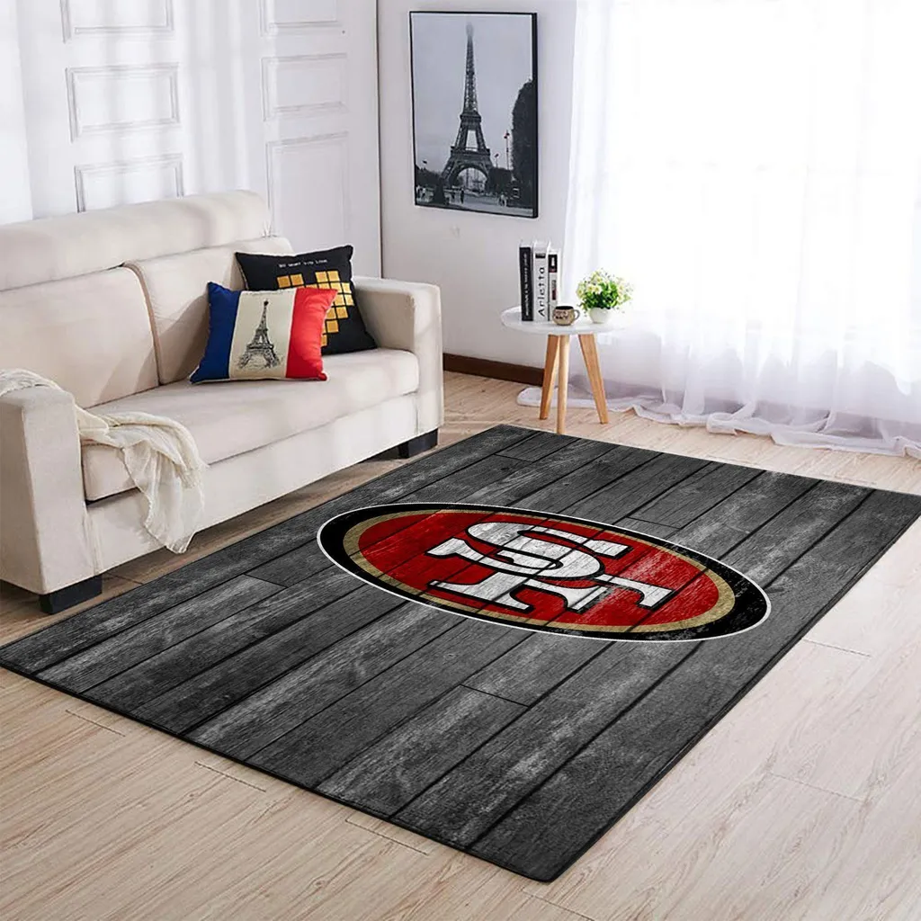 Wooden Floor Style Rug with Bold Logo Center Design Black and Red