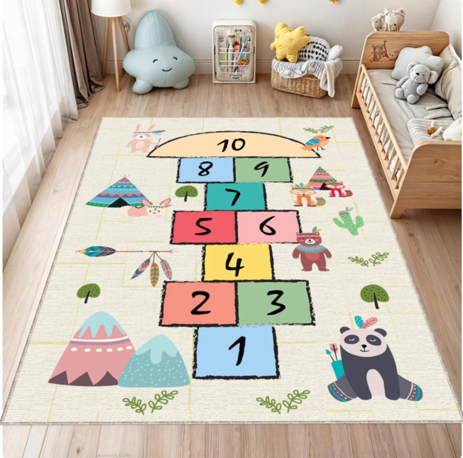 Woodland Animals Hopscotch Kids Rug | Washable Playroom CarpetTVC1708357