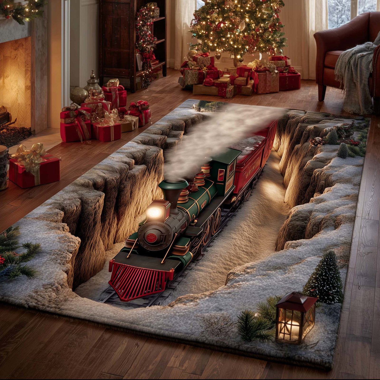 Yuletide Express Christmas Area Rug - Non-Slip Washable 3D Print Rug for Living Room & Bedroom (DesignTVC2108166