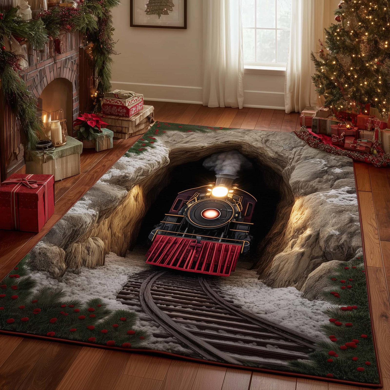 Yuletide Express Christmas Area Rug - Non-Slip Washable 3D Print Rug for Living Room & BedroomTVC2108143